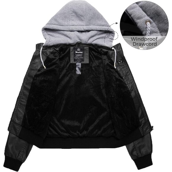 Wantdo Women's Black Motorcycle Short PU Faux Leather Jacket with Removable Hood - Picture 3 of 7